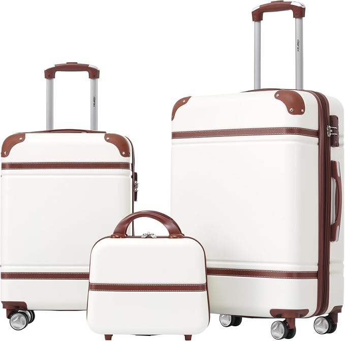 Merax Luggage Set 2 Piece Suitcase Set with Cosmetic Case Expandable Spinner Wheels Vintage Luggage Sets (White,20"+24") by Merax