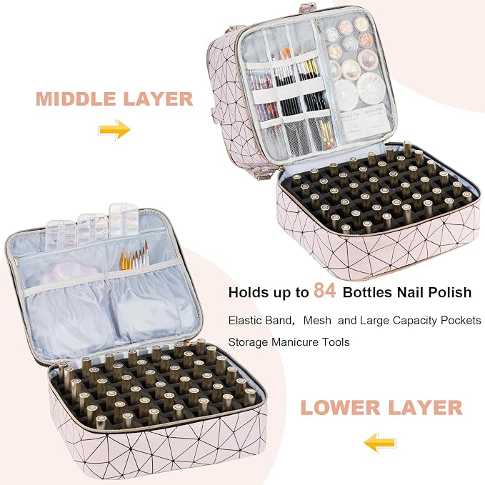 Uross Nail Polish Organizer Bag Holds 84 Bottles Nail Polish & Nail Lamp,Large Gel Nail Polish Organizers and Storage box for Nail Tech, Nail Kit Supplies Organizer Case-Lightpink - Image 2