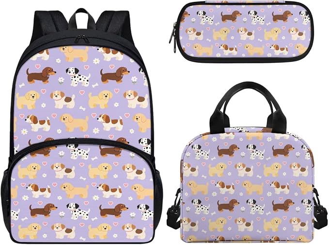 Cute Puppy Backpack and Lunch Bag Pencil Case Set for Girls, Middle School Elementary Bookbags, 3Pcs School Bag with Lunch Bag Pencil Case by CndexdWearfunPrintjoy