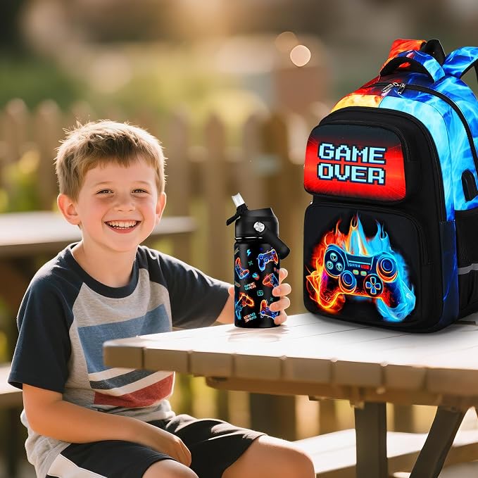Bevalsa Kids Backpack for Boys with 14oz Insulated Bottle, Gamer Backpack School Bags for Kids & BPA-FREE Stainless Steel Metal Bottle with Straw Lid for Elementary Middle School Student (Flame) - Image 6