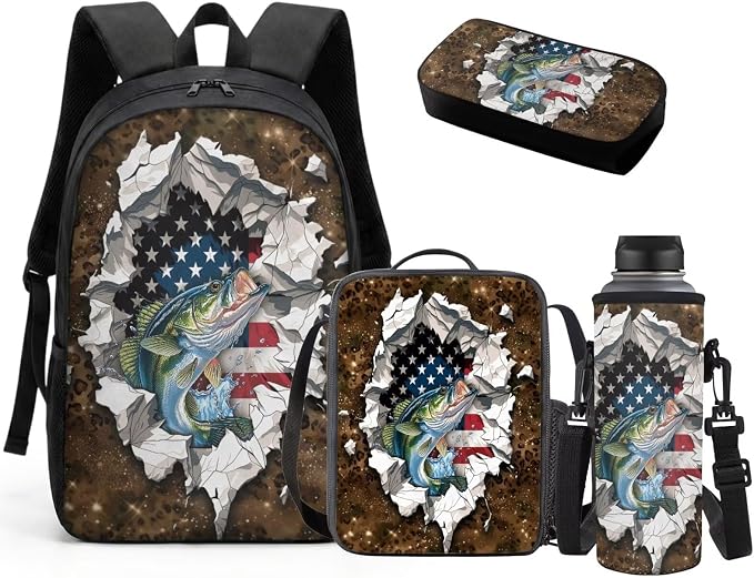GIFTPUZZ 4 in 1 Hunting Camo Fish American Flag Kids Backpack Set | Patriotic School Bookbag with Lunch Box for Elementary Boys, Zippered Pencil Pouch, Water Bottle Holder, Travel, Ages 6-8 by GIFTPUZZ