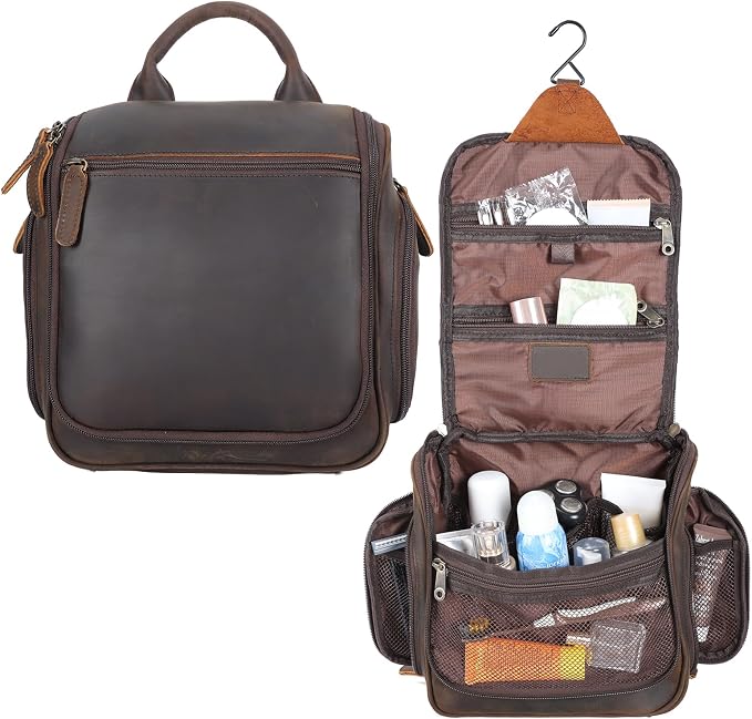 Masa Kawa Leather Hanging Travel Toiletry Bag for Men Portable Expandable Camping Cosmetics Makeup Toiletries Organizer Vintage Bathroom Shaving Kit Brown Wash Bags - Image 7