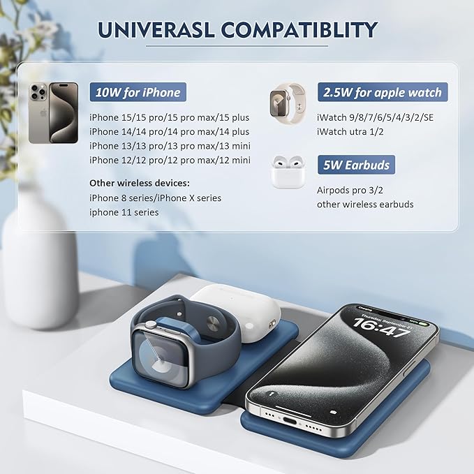 Wireless Charger iPhone - 3 in 1 Charging Station for Apple Devices for iPhone 17 16 15 14 13 12 Pro Max Plus - Foldable Magnetic Charging Pad for Apple Watch Series & Airpods Series