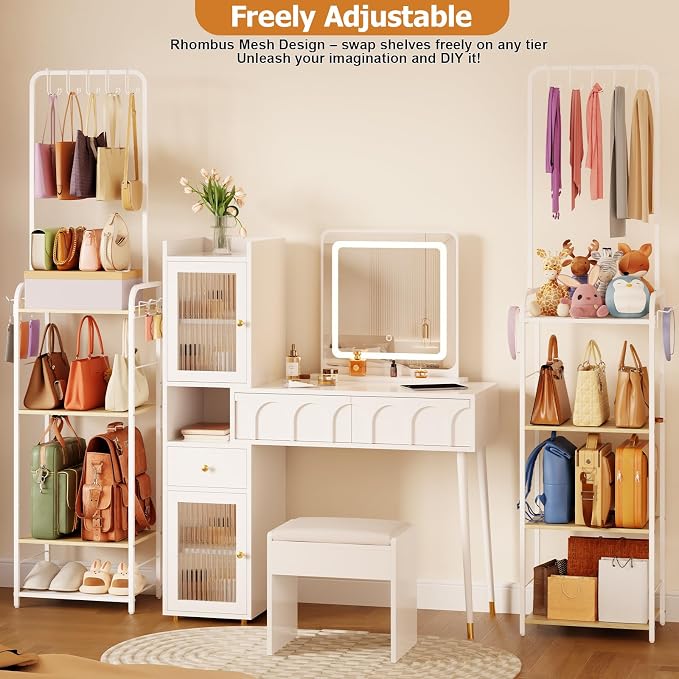 Tall Purse Organizer Stand with 3-Tier Thick Wood + 1-Tier High-Density Mesh, Adjustable Interchangeable, Slim Narrow Freestanding Handbag Rack with 5 Large & 6 Side Hooks, Closet Bag Storage White - Image 5