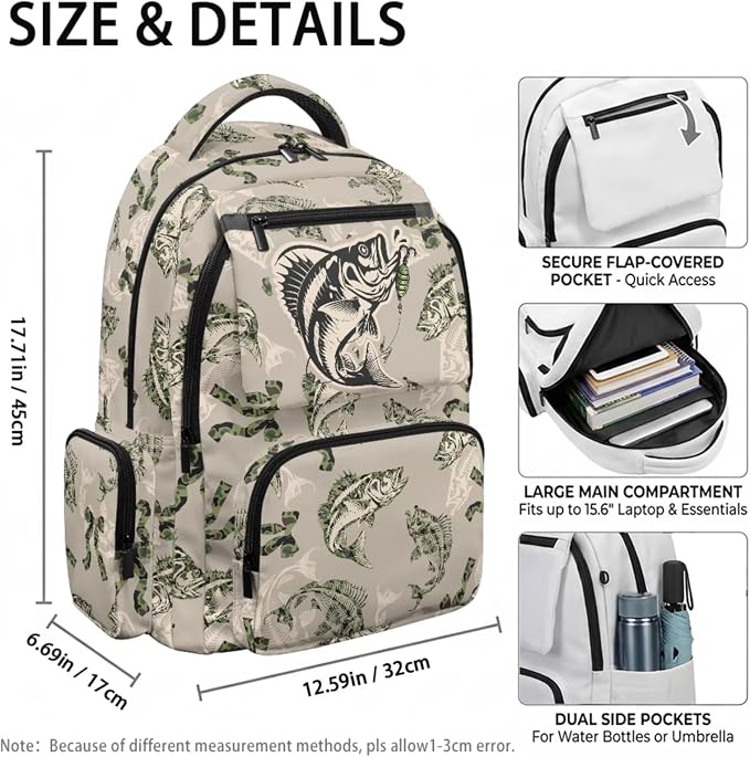 Bass Fish Camo Kids Backpack Set 4Pcs, 17 Inch School Bag | Lunch Bag, Pencil Case, Water Bottle Holder, 600D Durable Fabric, Multi Pockets, for Elementary Middle School Daily Use - Image 4