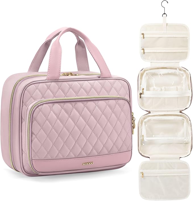MDODO Travel Toiletry Bag for Women Hanging Cosmetic Organizer with Brush Compartment Makeup Bag for Full Sized Travel Essentials, Pinkish Purple by Mdodo