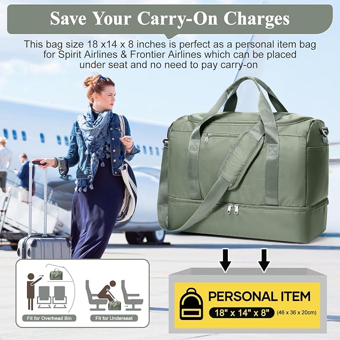 Travel Duffel Bag,Carry-On Overnight Weekender Bags with Shoes Compartment | Travel Bag with Wet Pocket & Luggage Sleeve, For Spirit Airlines 18x14x8 Personal Item Bag,Small,Olive Green - Image 9