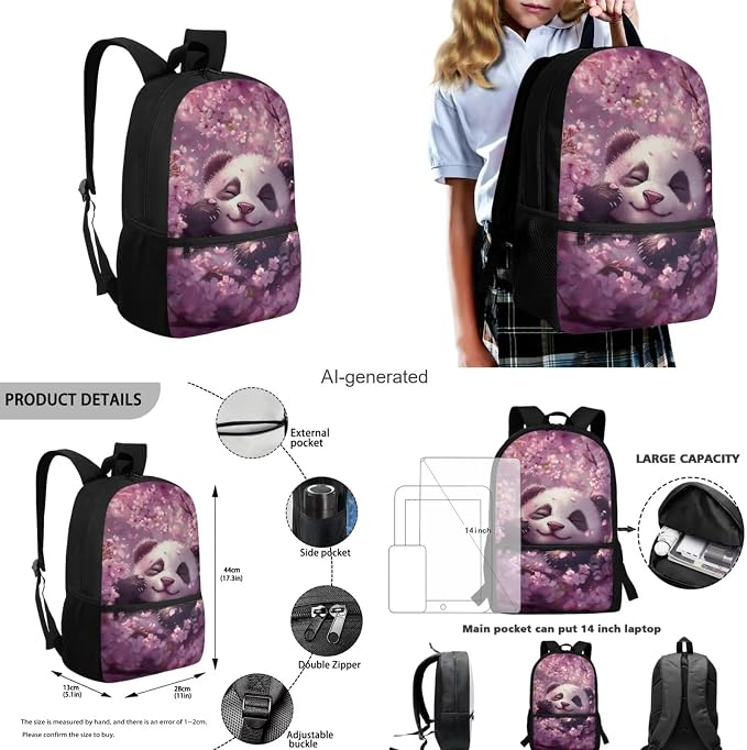 Cherry Blossom Panda Backpack for Girls Kids Backpack with Lunch Box Water Bottle Holder and Big Pencil Case 4PCS Set Bookbag with Front Pocket for School 17 inch Sturdy Elementary School Bag - Image 3