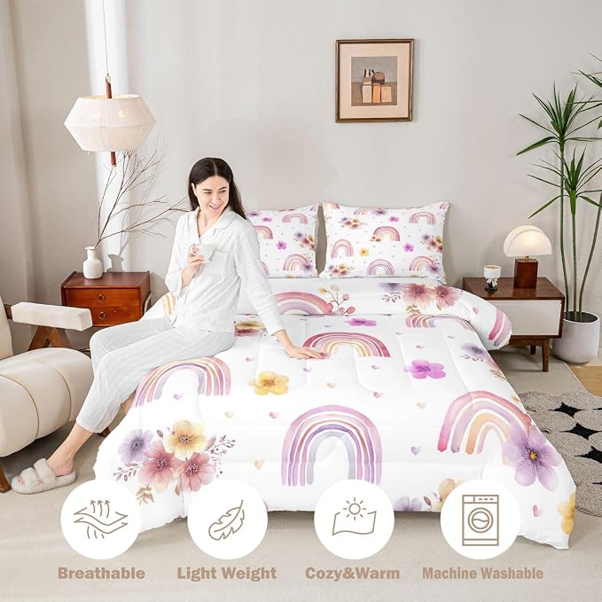 Girls Rainbow Comforter Set Full, Flower Petal Bedding Set For Kids Children Women, Rainbow Stripes Floral Duvet Insert Hand Drawn Iridescent Bedding Comforters With 2 Pillow Cases, Colorful - Image 3