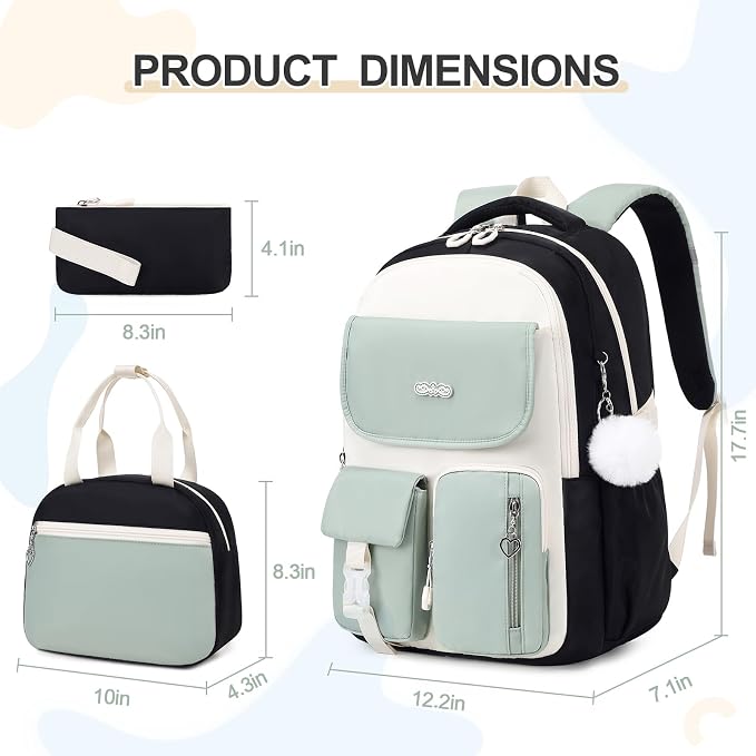 DIGOBAY Backpacks for Girls, 3PCS School Backpack with Lunch Box Pencil Pouch for Teen Girls Kids Elementary Primary Middle High College Travel School bag Bookbag Set （Black Green） - Image 2