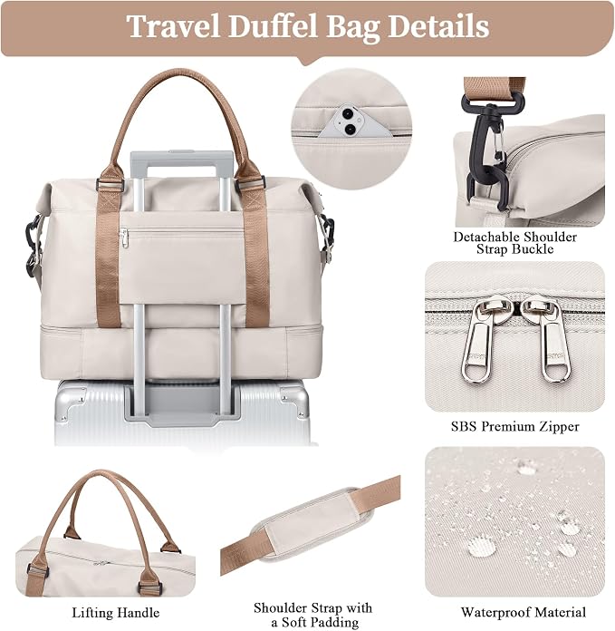 Weekender Bags for Women,Personal Item Travel Bag with Shoes Compartment,Overnight Travel Duffel Bag with Quilted Toiletry Bag,Beige&Brown - Image 7