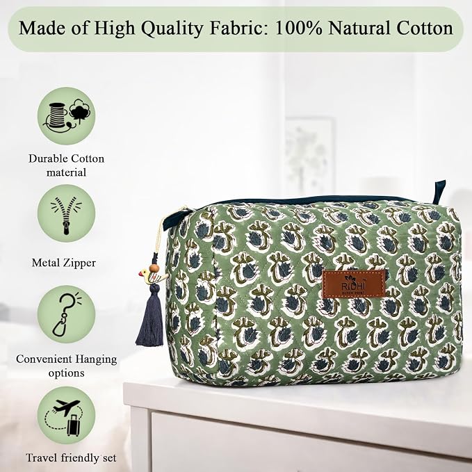 Ridhi Basil Green Hand Block Printed Floral Toiletry Bag For Women 100% Cotton Quilted Set of 3 Waterproof Inner Lining, Cosmetic Jewelry Organizer, Travel Pouch, Essential Storage Purse Gifts - Image 7