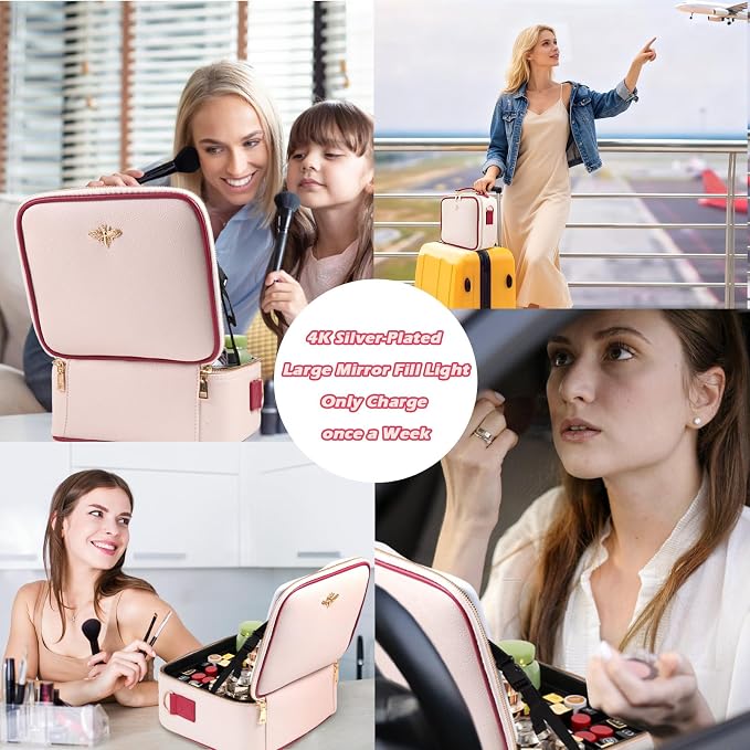 Travel Makeup Bag with Light Up Mirror, Portable Makeup Bag with Led Light Women Waterproof Makeup Travel Case adjustable dividers Rechargeable Vanity Mirror with 3 Color Lights (Pink) - Image 7