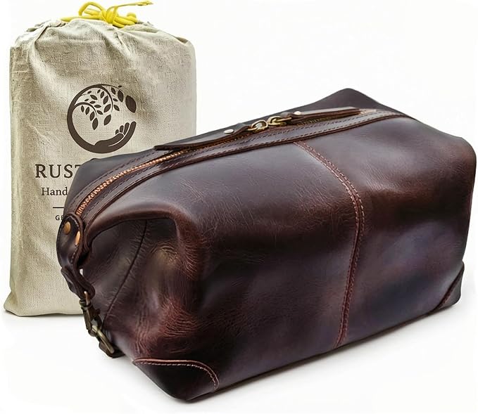 RUSTIC TOWN Full Grain Leather Toiletry Bag for Men & Women – Handcrafted Travel Dopp Kit – Large Water-Resistant Makeup & Shaving Organizer, Walnut Brown by RusticTown