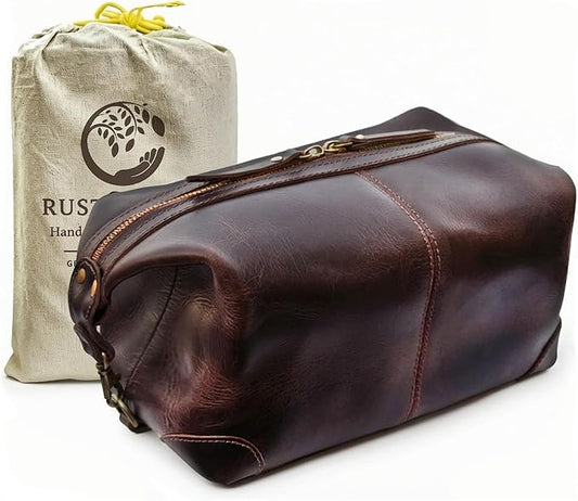 RUSTIC TOWN Full Grain Leather Toiletry Bag for Men & Women – Handcrafted Travel Dopp Kit – Large Water-Resistant Makeup & Shaving Organizer, Walnut Brown by RusticTown