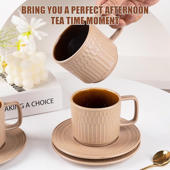 8oz Cappuccino Cups with Saucers Set of 4, 8 Ounce Stackable Embossed Ceramic Coffee Mugs for Specialty Coffee Drinks, Latte Mugs, Cafe Mocha and Tea, Dishwasher & Microwave Safe (Brown) - Image 5