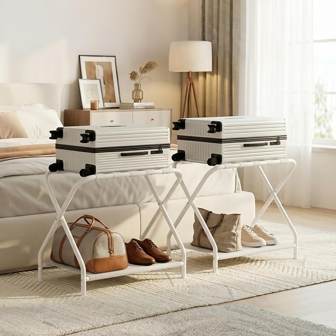 HOOBRO Luggage Rack, Pack of 2, Folding Suitcase Stand with Fabric Storage Shelf for Guest Room, Bedroom, Hotel, Holds up to 100 lb, 27 x 15.3 x 22 Inches, Space Saving, White WT04XLP201 - Image 3