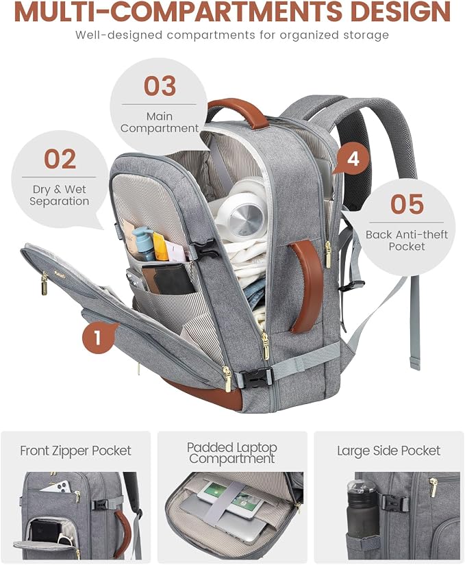 LOVEVOOK Carry On Travel Backpack For Women Flight Approved, 40L Large Personal Item Backpack Travel Bag for Airplanes, Business 17 Inch Laptop Backpack, Weekender Overnight Daypack, With 2 Cubes - Image 4