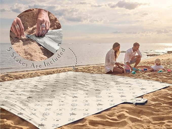 WEKAPO Beach Blanket Waterproof Sandproof Oversized Extra Large Sand Free Beach Mat with Stakes, Storage Bag - Essentials for Outdoor Beach, Picnic (Light Small Sea Turtle, 8 X 7 FT (1~4 Person)) - Image 6