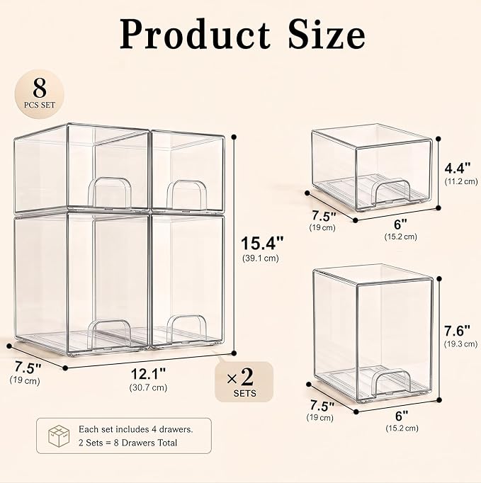 Clear Stackable Storage Drawers: Baby Bottle Storage Organizer, Acrylic Bottles Station Organizer Container for Countertop, Vanity, Bathroom, Cabinet Organization - 8 Pack - Image 2