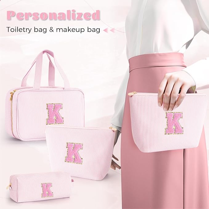 Gifts for Teen Girls Women - Travel Hanging Toiletry Bag & Makeup Bag - Personalized Initial Cosmetic Bag | Birthday Gift for Girl Trendy Stuff - Pink K - Image 4