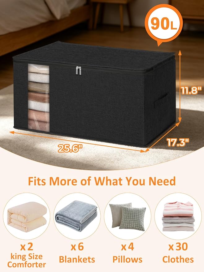 90L Blanket Storage Bags, Extra Large Comforter Storage Bag with Clear Window & Reinforced Handles, Stackable Bedding Organizer for Quilts, Duvets, Pillows, Seasonal Clothes，25.6x17.3x11.8in, Black - Image 5