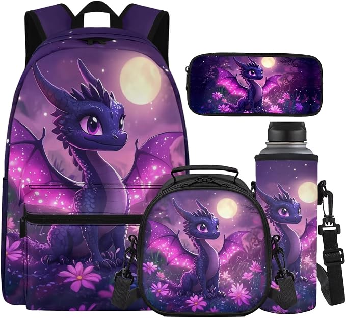 4Pcs Girls Backpack and Lunch Box Set, Moonlight Dragon Girls Backpacks Ages 8-10 6-8, Purple 17 Inch School Backpack with Pencil Pouch & Bottle Sleeve, Lightweight Kids Bookbag Set by Unknown