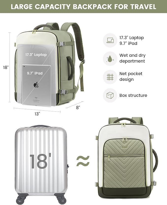 LOVEVOOK Large Travel Backpack for Women, TSA Carry on Backpack for Airplanes, 40L Personal Item Travel Bag for Women fits 17" Laptop,Waterproof Carry on Bag Airplane Approved with 3 Packing Cubes - Image 5