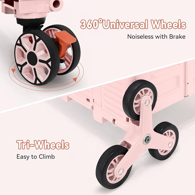 Foldable Utility Cart Portable Crate Rolling Dolly with Telescopic Handle,Can be Pulled diagonally, Magnetic Retractable Lid, 360°Swivel Climbing Wheels for Shopping Carrying Groceries Move Pink - Image 4