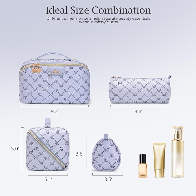 Travel Makeup Bags for Women: 3 Pcs Set Luxury Bow Print Make up Bag - Large Capacity Cute Cosmetic Case - 3–15 Day Travel Toiletry Organizer Bag, Comes with An Gift Box(cerulean blue) - Image 6