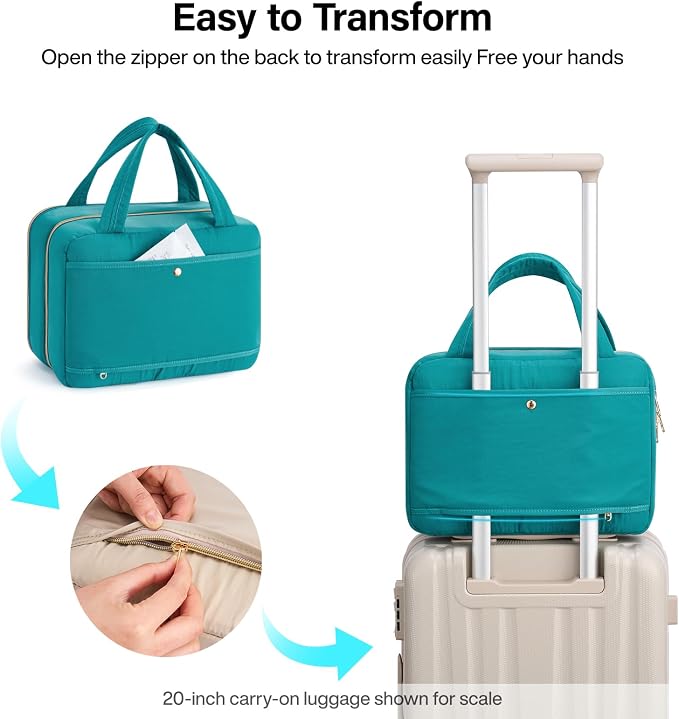 Hanke Hanging Travel Toiletry Bag with Jewelry Organizer, Turquoise Green | Large Capacity, Holds Full-Size Bottles, Water & Stain Resistant, 360° Swivel Hook, Trolley Sleeve, Women's Makeup Organizer - Image 8