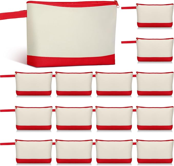 Silkfly 15 Pcs Cotton Canvas Makeup Bags Cosmetic Zipper Bags 10.2 x 5.5 x 2'' Blank DIY Pouch Bulk Pencil Case with Bottom Travel Toiletry Pouch for Women Craft Decor Gift (Beige and Red) by Silkfly