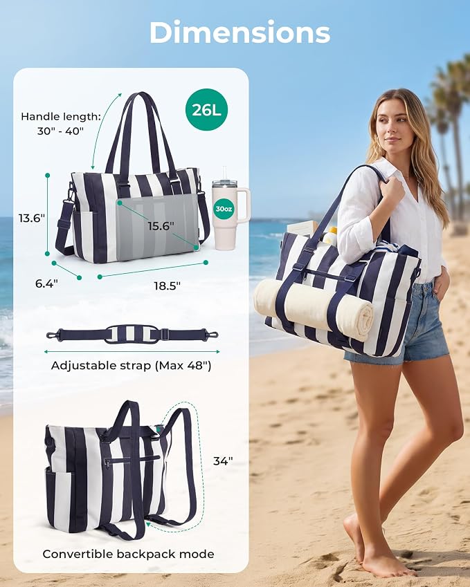 BAGSMART Large Beach Bag for Women, Oversize Tote Bag for Travel/Swim Pool/Summer | 3-Ways to Carry - Image 3