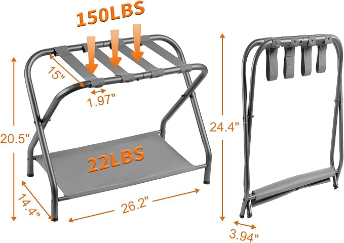 Heybly Luggage Rack for Guest Room, Pack of 2, Steel Folding Suitcase Stand with Storage Shelf for Bedroom, Hotel, Foldable Steel Frame, Guest Room, 26.2" L x 14.4" W x 20.5" H, Gray HLR004G2 - Image 7