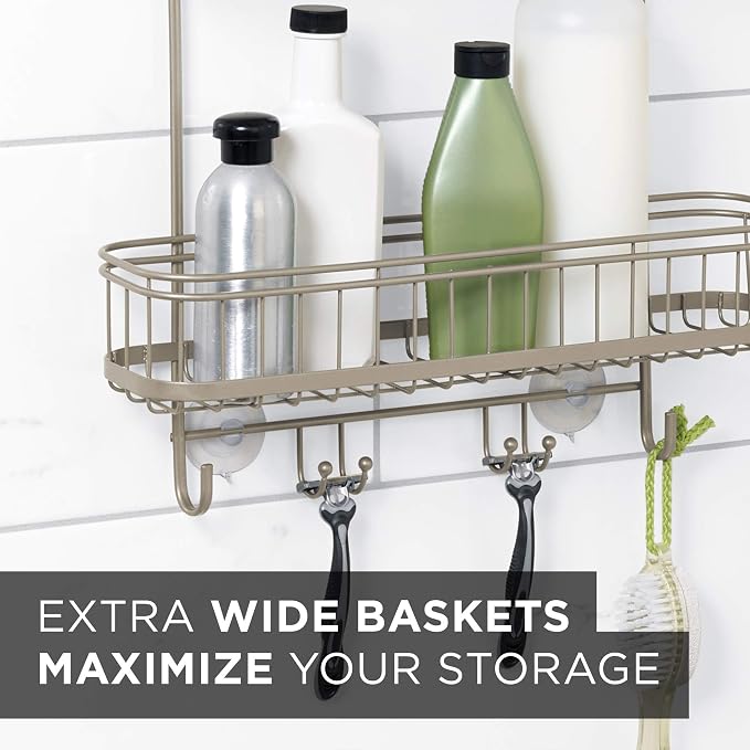 Zenna Home Shower Caddy, Modern and Functional, Steel Shower Rack with 2 Extra Wide Shelves and Built-in Hooks, Satin Nickel - Image 3
