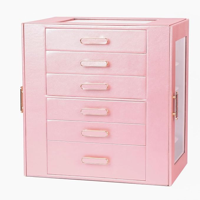 BOOVO Clear Lid Jewelry Box,6 Layers Jewelry Organizer Large Jewelry Storage Box with 6 Drawers,Jewelry Holder Organzier of Rings Earrings Necklace Bracelets for Women (Rose Gold, 6 Layer) by BOOVO