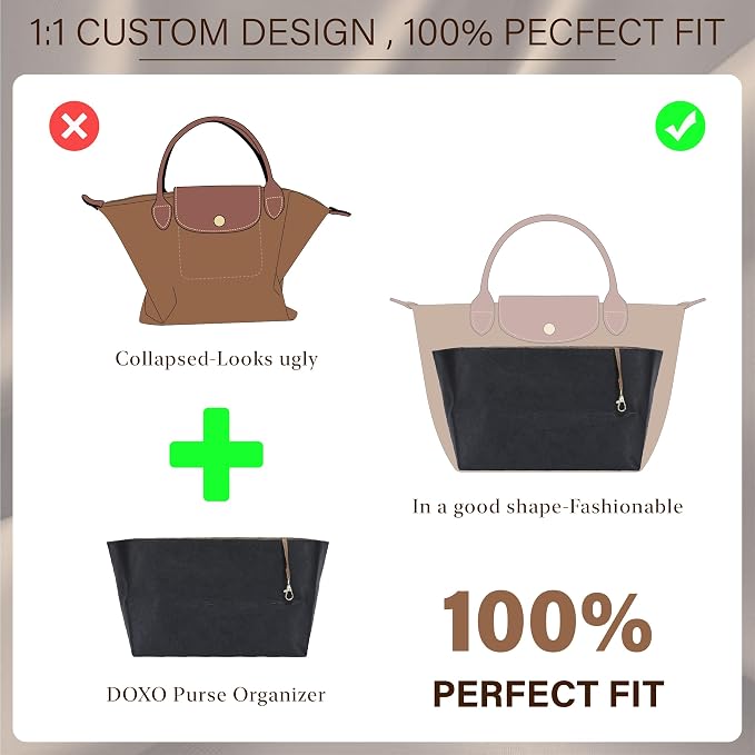 Doxo Purse Organizer Insert for Longchamp Le Pliage Large, 6-Compartment Bag Organizer with YKK Zipper Pocket, Cup Holder, Key Chain, Waterproof DupontPaper Lightweight Handbag Shaper (Black Brown,L) - Image 3