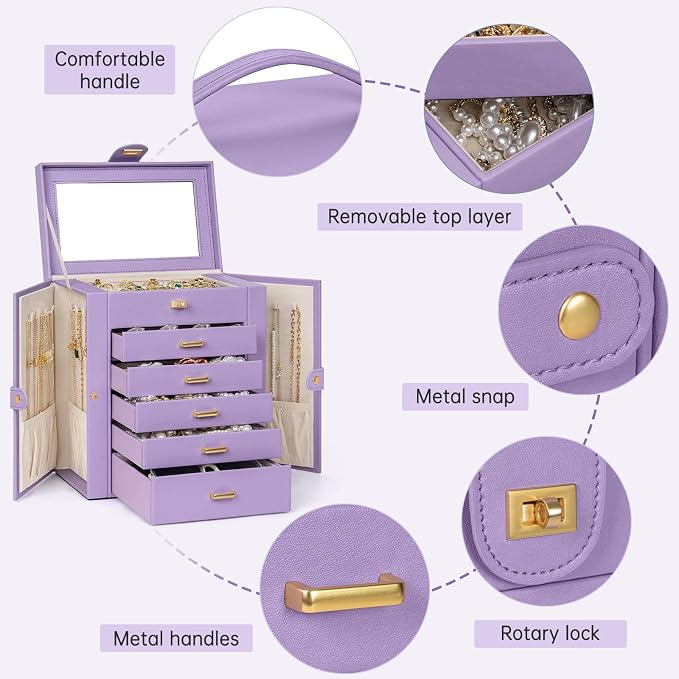 AKOZLIN 6-Tier Jewelry Box Organizer Functional 5 Drawers Leather Jewelry Storage Case for Women Girls Ring Necklace Earring Bracelet Holder Organizer with Mirror Medium Violet - Image 6