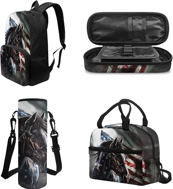 POLERO American Flag Horse Backpack with Lunch Box Teens Bookbag Schoolbag Set Kids Pencil Case Water Bottle Holder for Boys - Image 3
