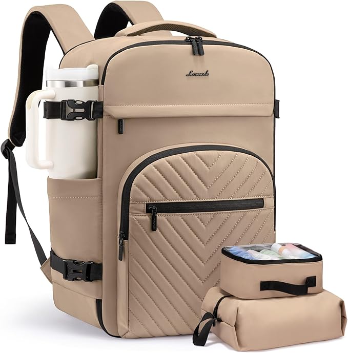 LOVEVOOK 40L Travel Backpack for Women Men, TSA Personal Item Travel Bag Fits 17.3inch Laptop, Waterproof Airline Approved Carry On Luggage With 2 Cubes for Weekender Hiking Business, Khaki by LOVEVOOK