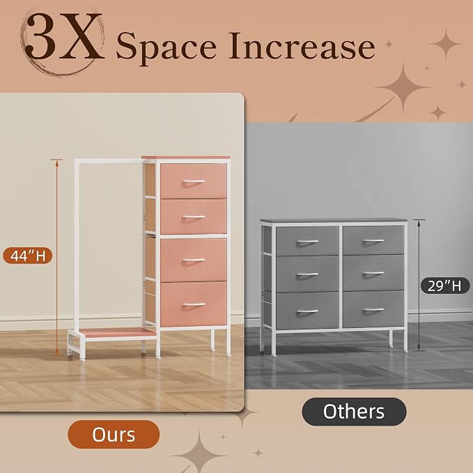 HIGDBFE Dresser with Hanging Rack, 4 Drawers Small Closet for Bedroom, Reversible Fabric Kids Chest of Drawers with Clothes Rack, Tall Storage Tower, Sturdy Frame, Pink, 44''H - Image 4