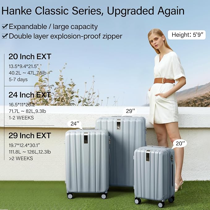 Hanke 24 Inch Expandable Checked Luggage Lightweight PC Hard Shell Luggage Suitcases with Wheels Travel Luggage Rolling Large Suitcase Travel Luggage Bag for Go to University.(Gray) - Image 2