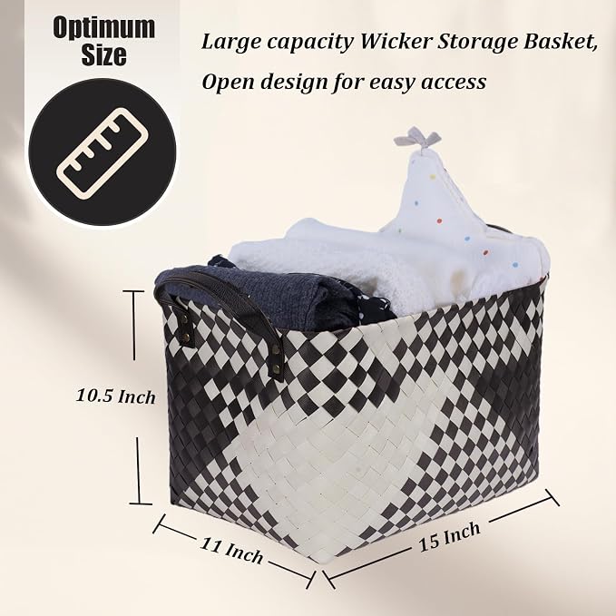 BROWNLILY Handwoven Clothes Basket Laundry Hampers Large Wicker Storage Baskets for Shelves Blankets Closet Storage Bins Car Bedroom Bathroom Organizers and Storage Bath (Pack of 4, Beige & Black) - Image 5
