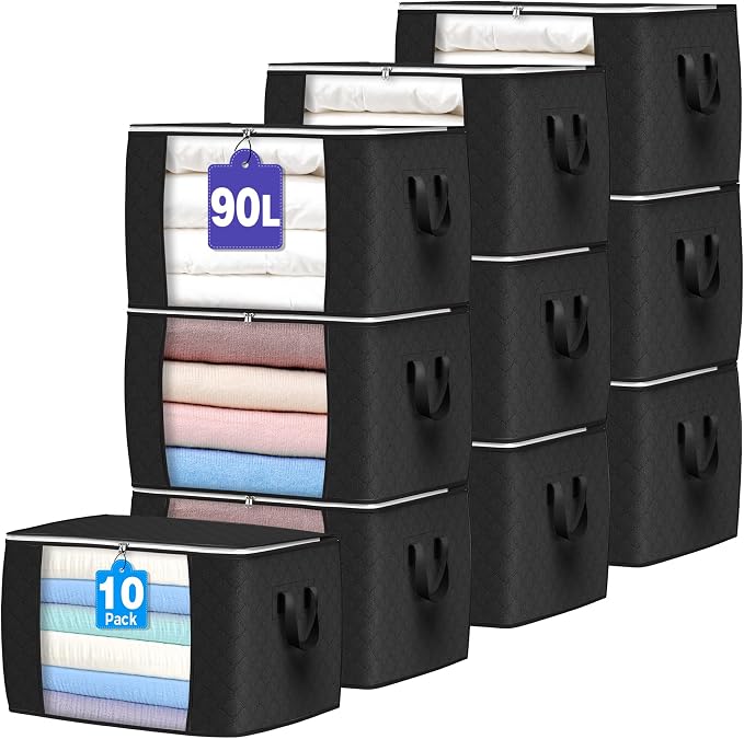 90L Large Storage Bags, 10 Pack Clothes Storage Bins Closet Organizers | Foldable Storage Containers, with Reinforced Handle, for Clothing, Blanket, Comforters, Bed Sheets, Pillows and Toys,Black by BuddingJoy-BuildaJoyfulLifeforYou