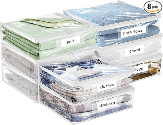 Plastic Storage Bags with Easy-Glide Zipper, Pack of 8, Durable Clear Vinyl Zippered Storage Bags for Clothes Sweaters Comforters Blankets Sheets Bedding (14.2 x 12 x 3.2 Inch, White) by Kikerike