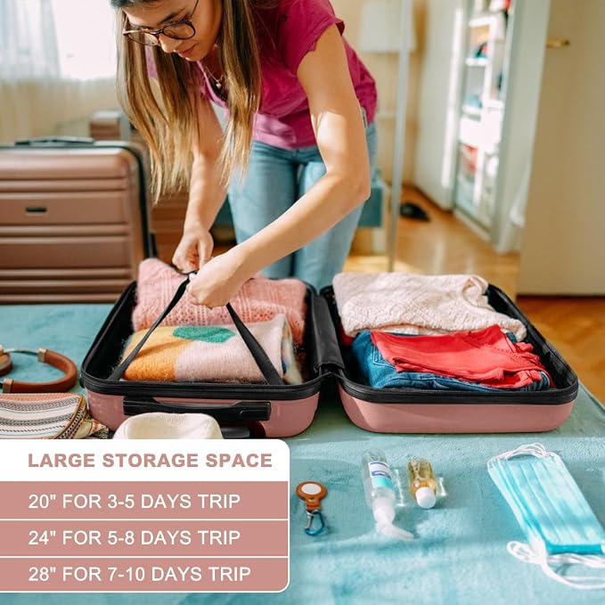 Kono 24 Inch Luggage Suitcase with Spinner Wheels TSA Lock | Lightweight PC+ABS Hardside Medium Checked Luggage Durable Rolling Suitcase Nude/Rose Pink - Image 5