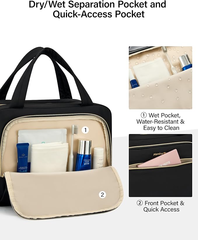 Hanke Hanging Travel Toiletry Bag for Women, Water-Resistant Makeup Organizer with Hook, Cosmetic Bag for Bathroom & Travel Essentials Accessories, Black - Image 3