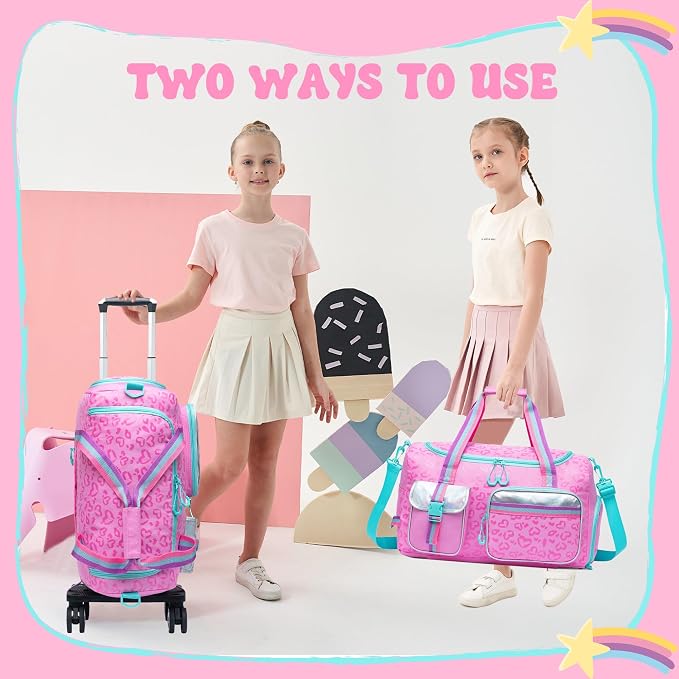Girls Duffel Bag With Wheels - Travel Overnight Bag for Kids With Toiletry Bag, Rolling Dance Duffle With Shoe Compartment - Image 2