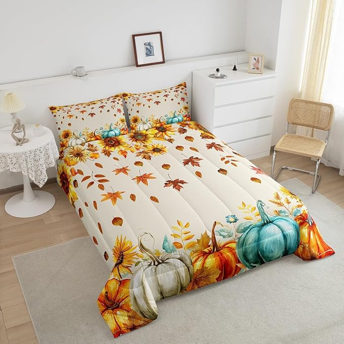 Fall Pumpkin Bedding Set For Home Full Thanksgiving Harvest Season Fruit Decor Comforter Set Autumn Fall Maple Leaf Quilt Comforter for Kids Teen Adults,Rustic Farm Sunflower Bed Sets 2 Pillow Cases - Image 4
