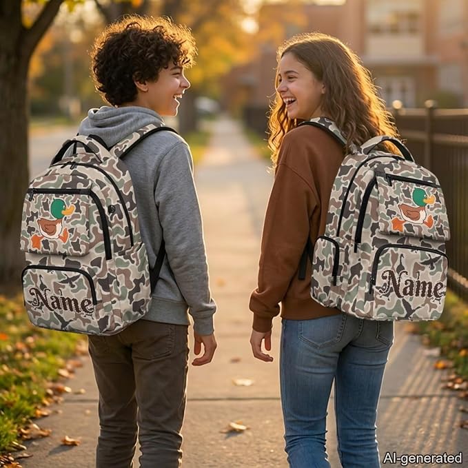 Custom Duck Camo Kids Backpack Set 4Pcs with Lunch Box, 17 Inch | Water Bottle Holder, Durable 600D Multi-Pocket Fabric, for Elementary Middle School Daily Travel and Outings - Image 2